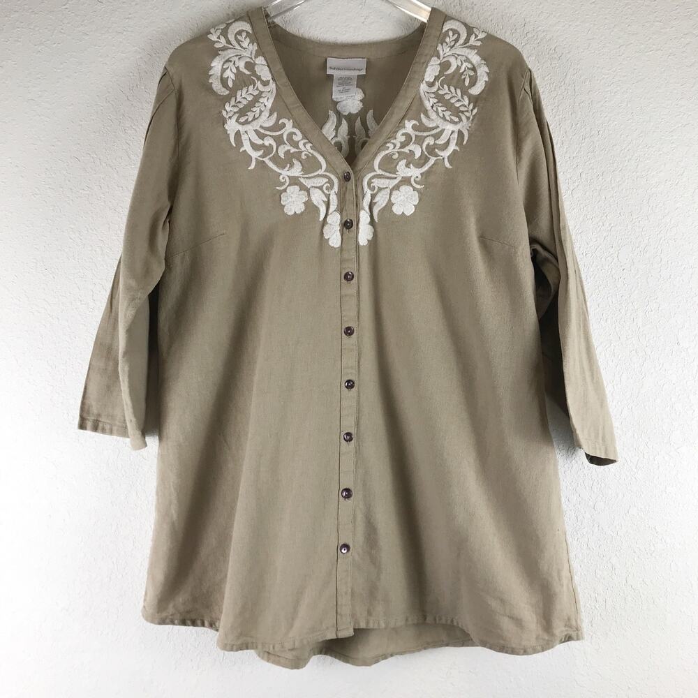 Soft Surroundings Embroidered 100% Cotton Lagenlook Button Front Blouse Size XL